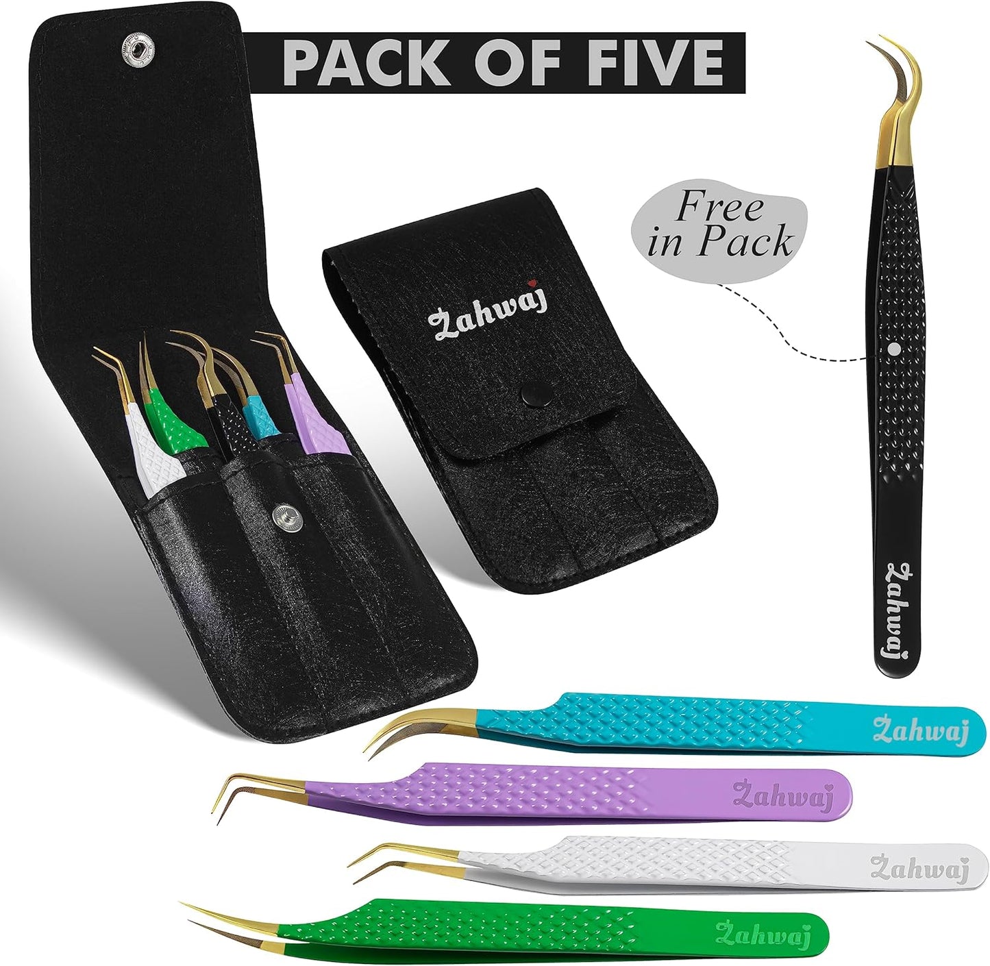 Lash Tweezers - Set of 5 Diamond Grip Eyelash Tweezers - Stainless Steel Professional Fiber Tip Lash Tweezer for Eyelash Extensions (Multicolor)