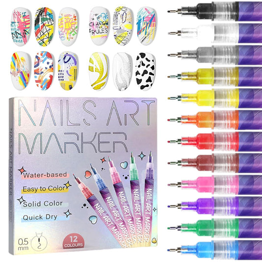 12 Colors Nail Art Pens Set 3D Nail Polish Pens Graffiti Dotting Pen Acrylic Paint Pens Point Liner Pen Drawing Painting for Nails Art Design Manicure Nail DIY Decoration